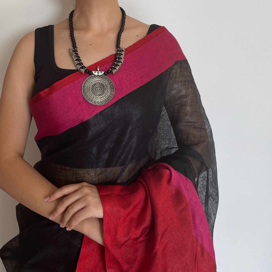 Sandhya, Pink, Red and Black Khadi Saree by Shobhangini