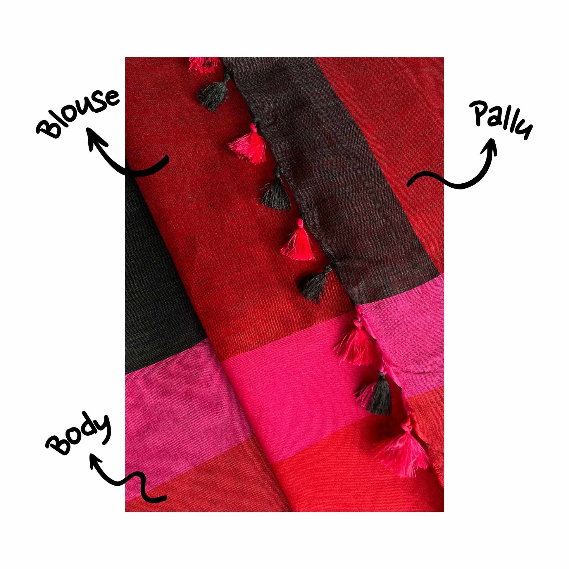 Sandhya, Pink, Red and Black Khadi Saree by Shobhangini