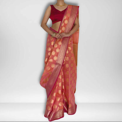 Sara, Dual Shift Orange and Pink Banarasi Kota Saree by Shobhangini, Banarasi Kota Saree, Silk Saree