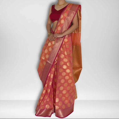 Sara, Dual Shift Orange and Pink Banarasi Kota Saree by Shobhangini, Banarasi Kota Saree, Silk Saree