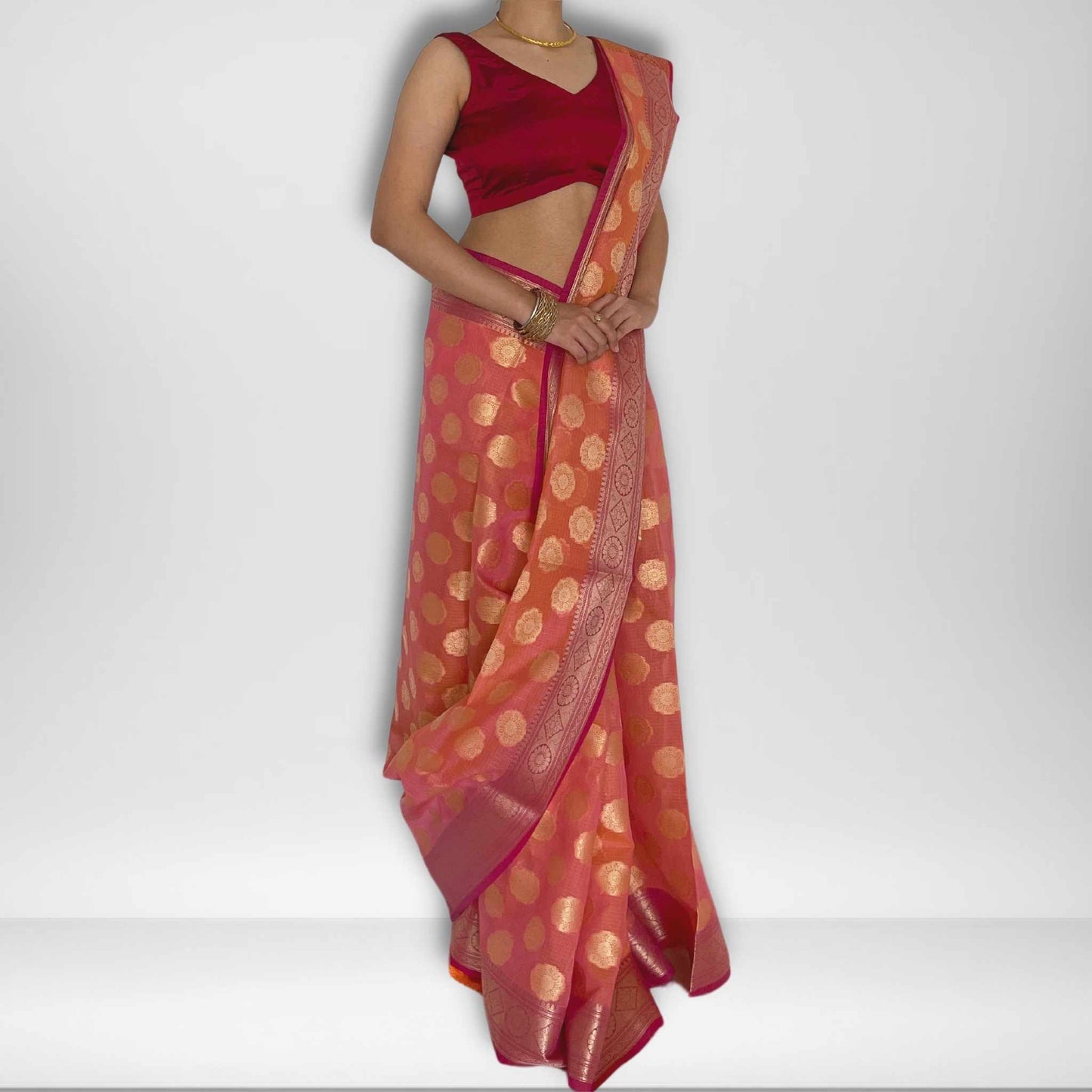 Sara, Dual Shift Orange and Pink Banarasi Kota Saree by Shobhangini, Banarasi Kota Saree, Silk Saree