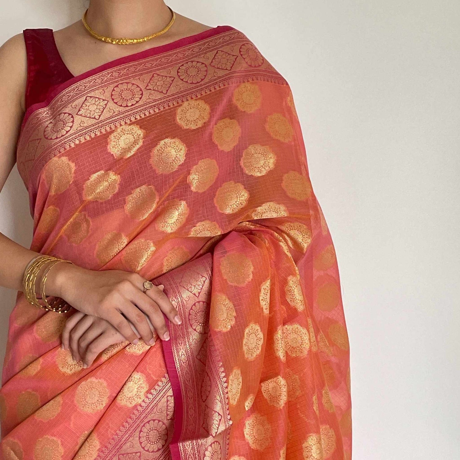 Sara, Dual Shift Orange and Pink Banarasi Kota Saree by Shobhangini, Banarasi Kota Saree, Silk Saree