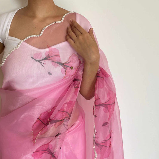 Shubha, Pink Organza Saree with Beadwork Border by Shobhangini, Organza Saree with Embellished Border