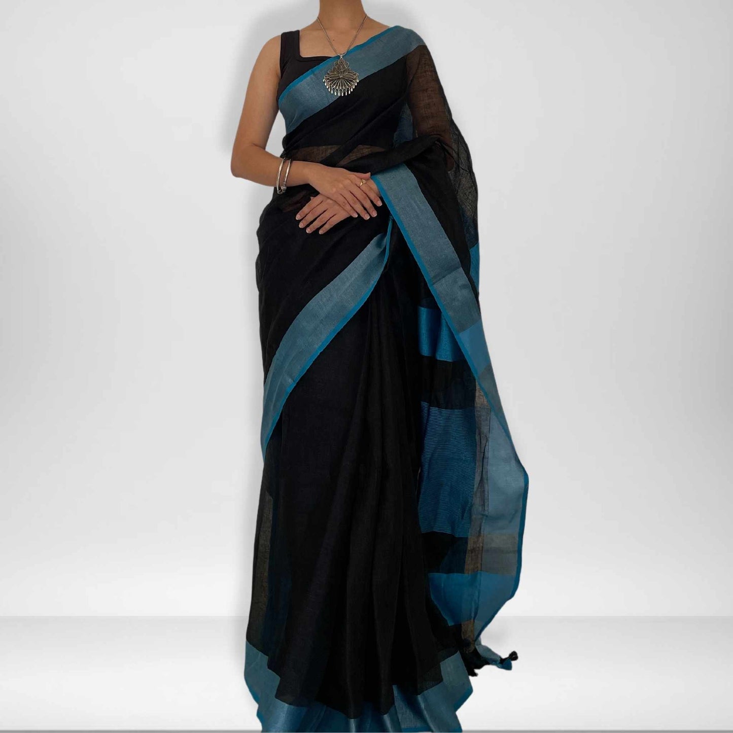 Shyama, Black and Blue Khadi Saree by Shobhangini