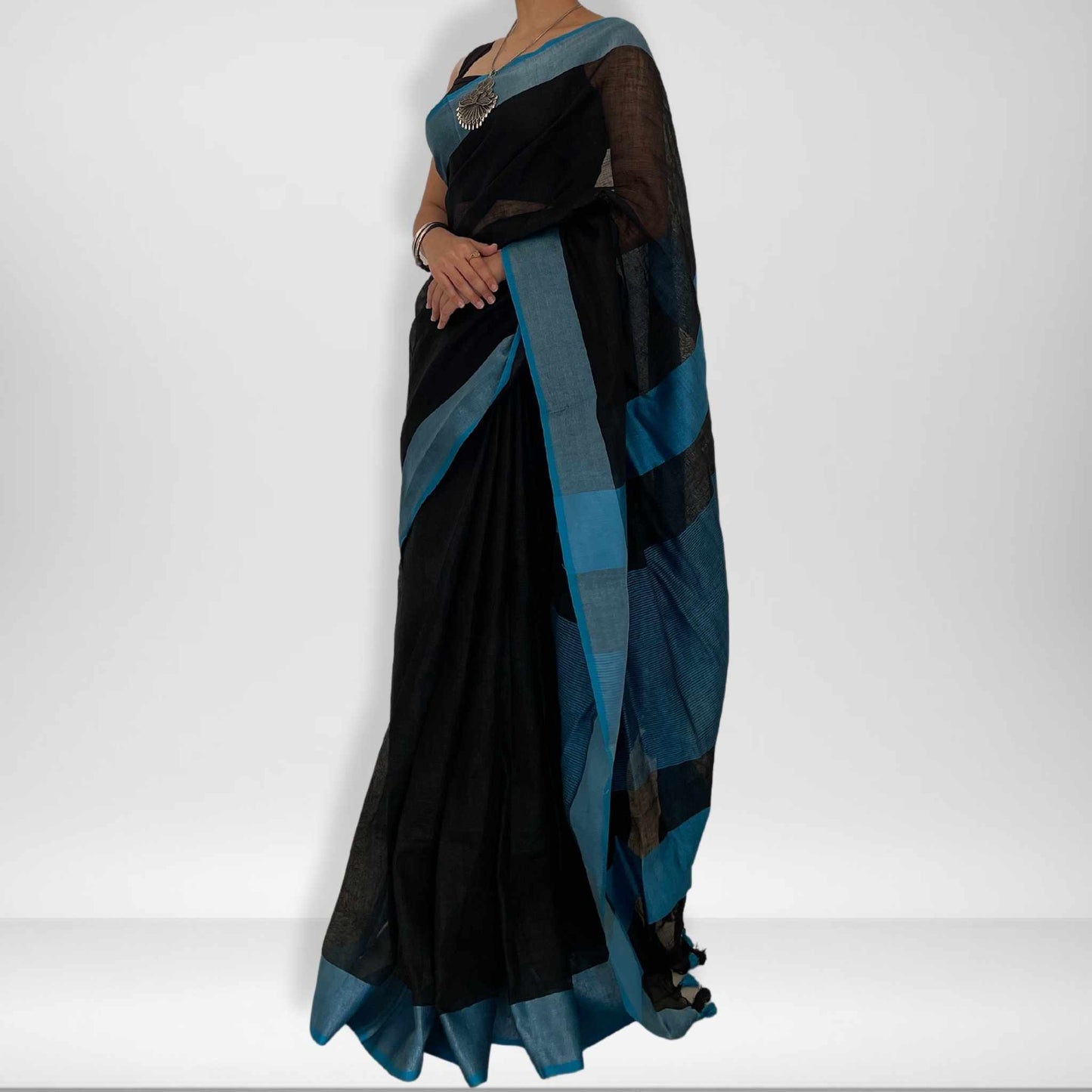 Shyama, Black and Blue Khadi Saree by Shobhangini