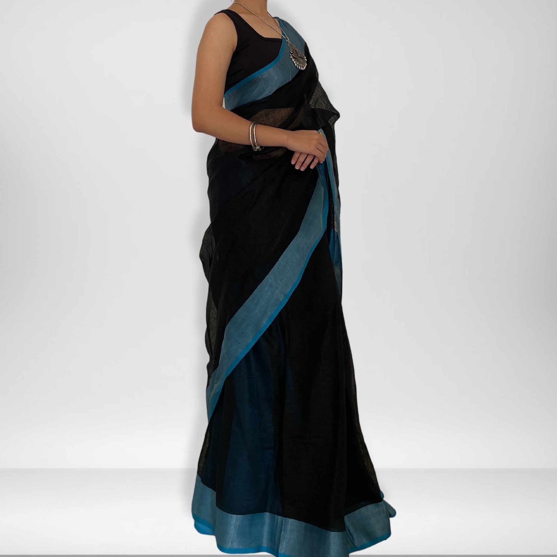 Shyama, Black and Blue Khadi Saree by Shobhangini