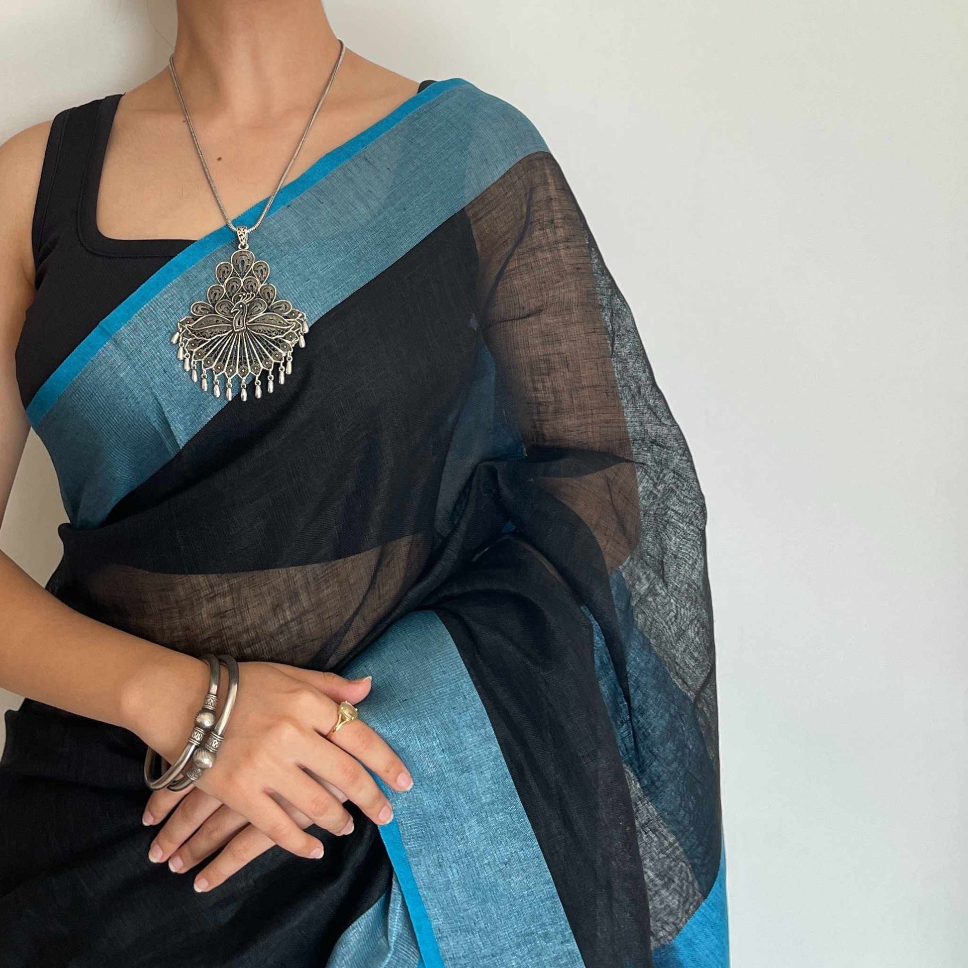 Shyama, Black and Blue Khadi Saree by Shobhangini