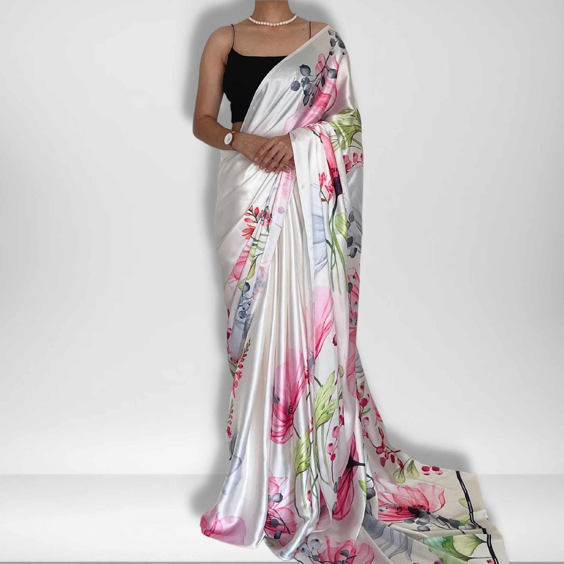 Sundara, Shobhangini White Satin Silk Saree, Floral Print Saree