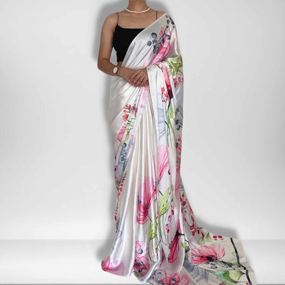 Sundara, Shobhangini White Satin Silk Saree, Floral Print Saree