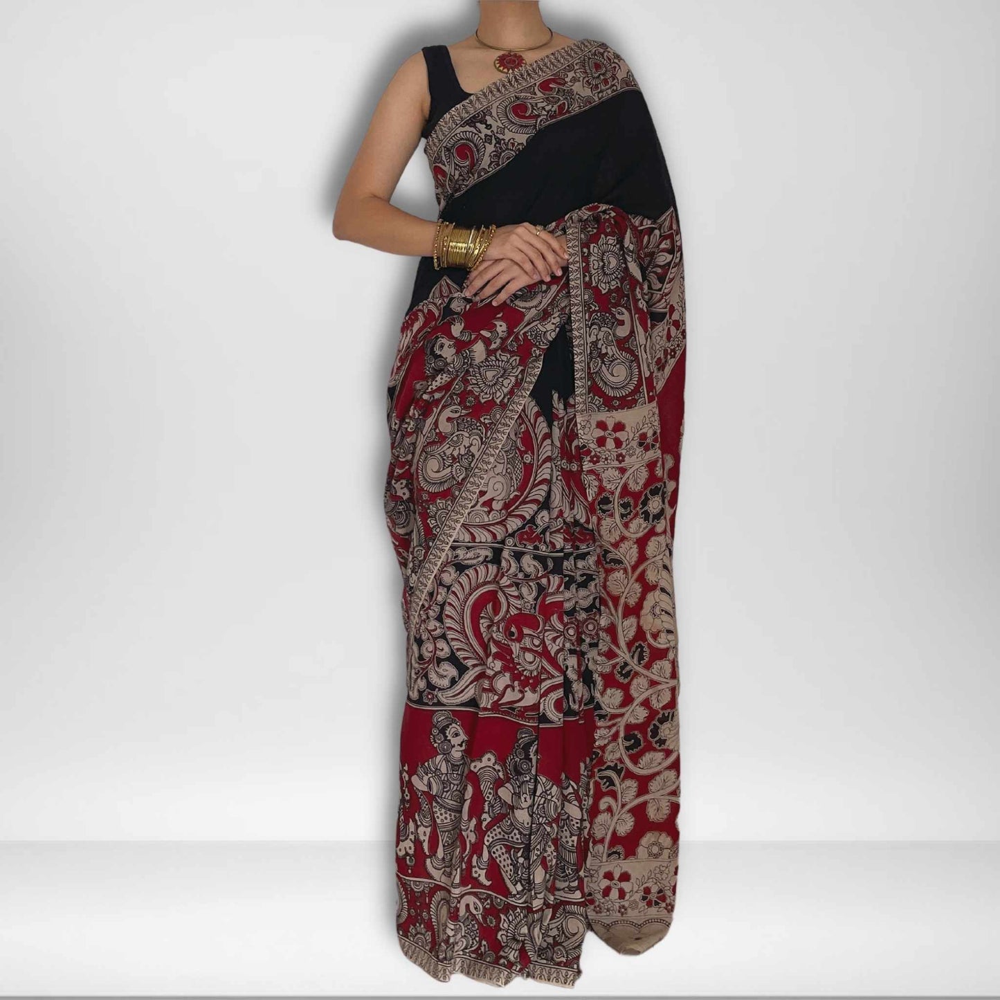 Urmi, Black, Cream and Red Mul Cotton Saree with Kalamkari Print by Shobhangini, Kalamkari Mul Cotton Saree