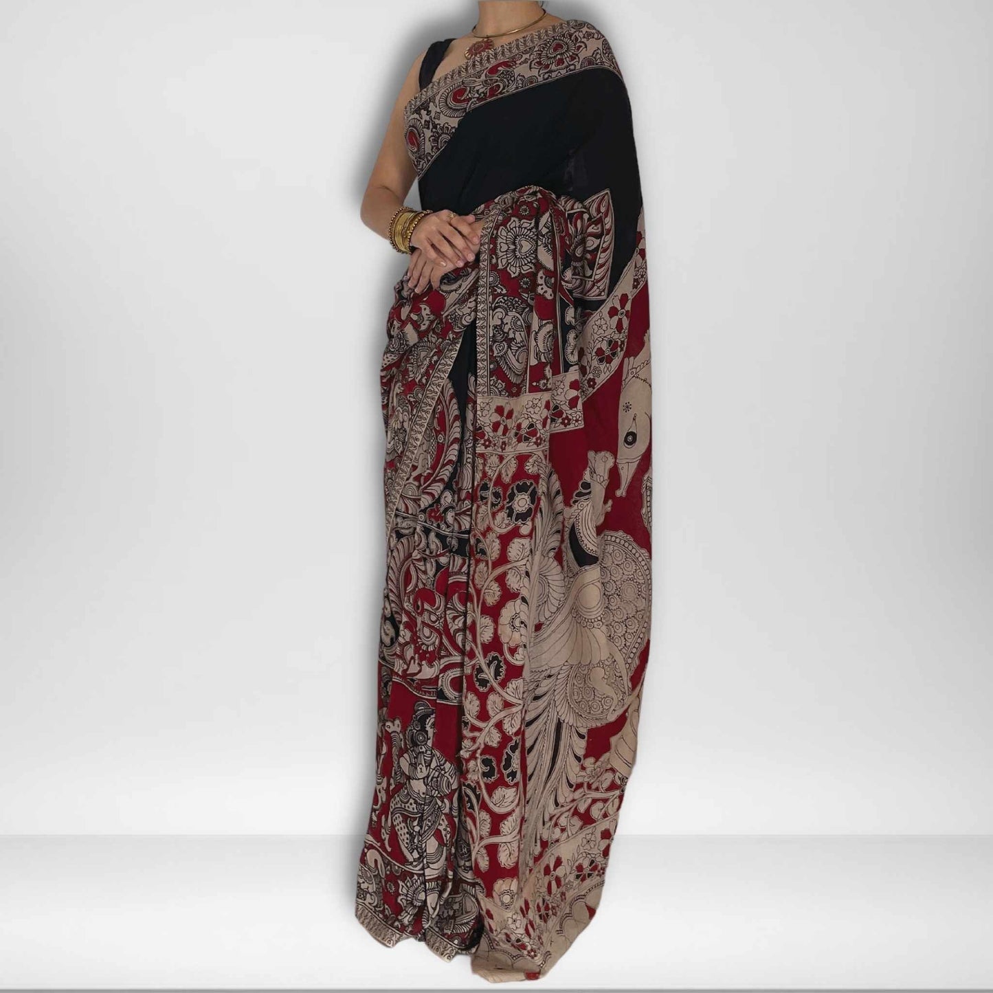 Urmi, Black, Cream and Red Mul Cotton Saree with Kalamkari Print by Shobhangini, Kalamkari Mul Cotton Saree