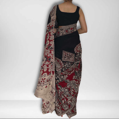 Urmi, Black, Cream and Red Mul Cotton Saree with Kalamkari Print by Shobhangini, Kalamkari Mul Cotton Saree