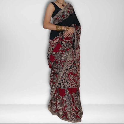 Urmi, Black, Cream and Red Mul Cotton Saree with Kalamkari Print by Shobhangini, Kalamkari Mul Cotton Saree