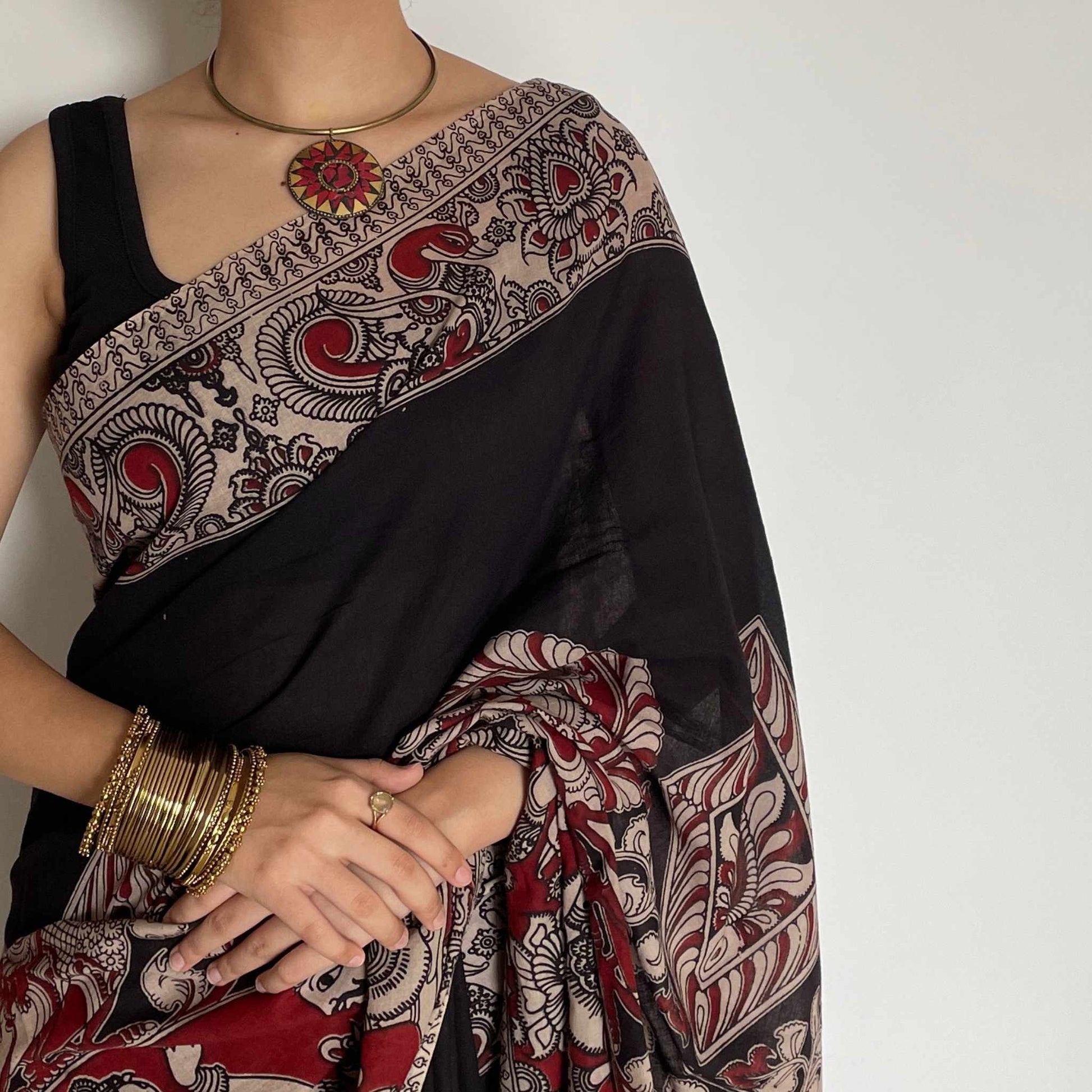 Urmi, Black, Cream and Red Mul Cotton Saree with Kalamkari Print by Shobhangini, Kalamkari Mul Cotton Saree