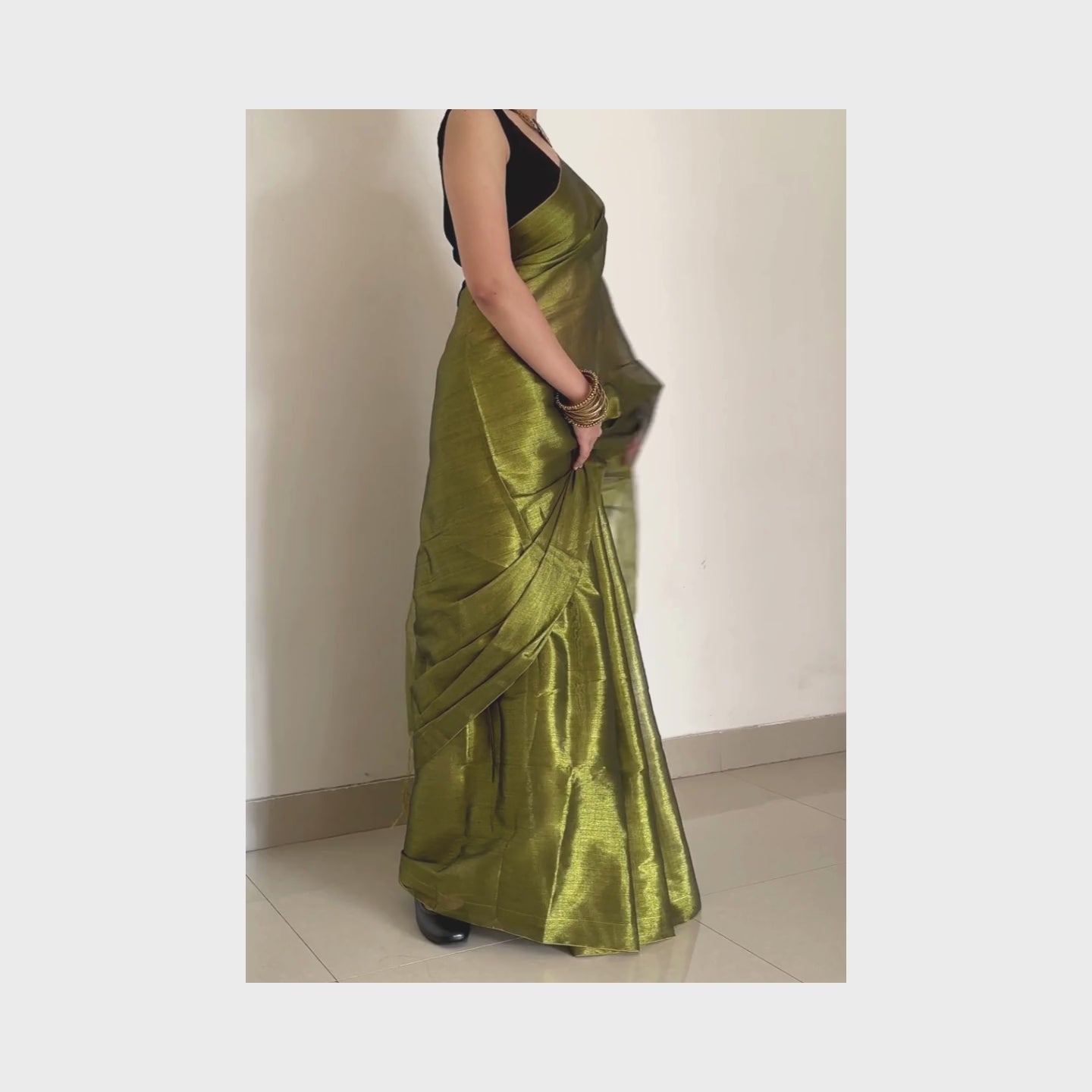 Amara, Green Raga Cotton Tissue Saree with Golden Zari Work by Shobhangini