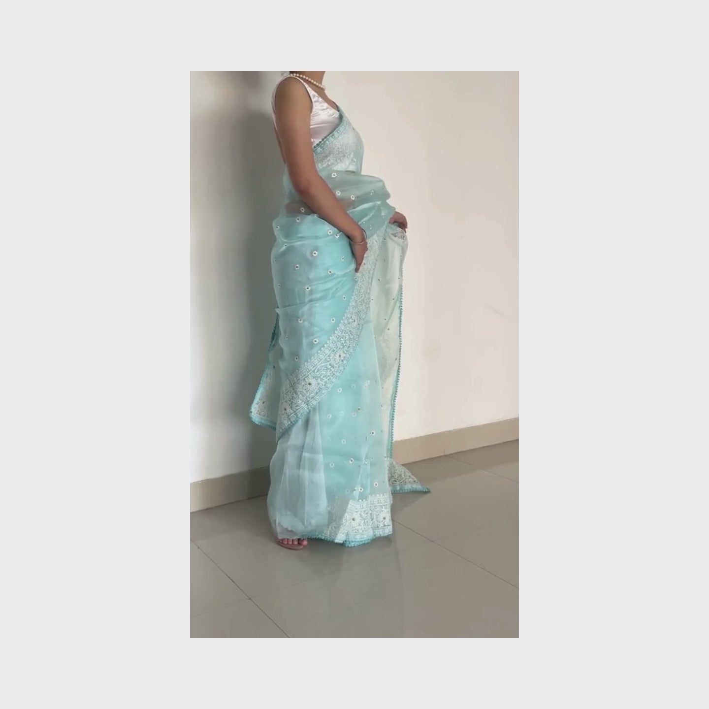 Akasha, Blue Chikankari Organza Saree by Shobhangini, Lucknow Chikan Embroidery Saree