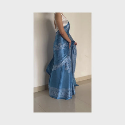 Neelam, Blue Modal Saree with Bandhani and Zari Work on Pallu by Shobhangini, Modal Saree, Bandhani Saree