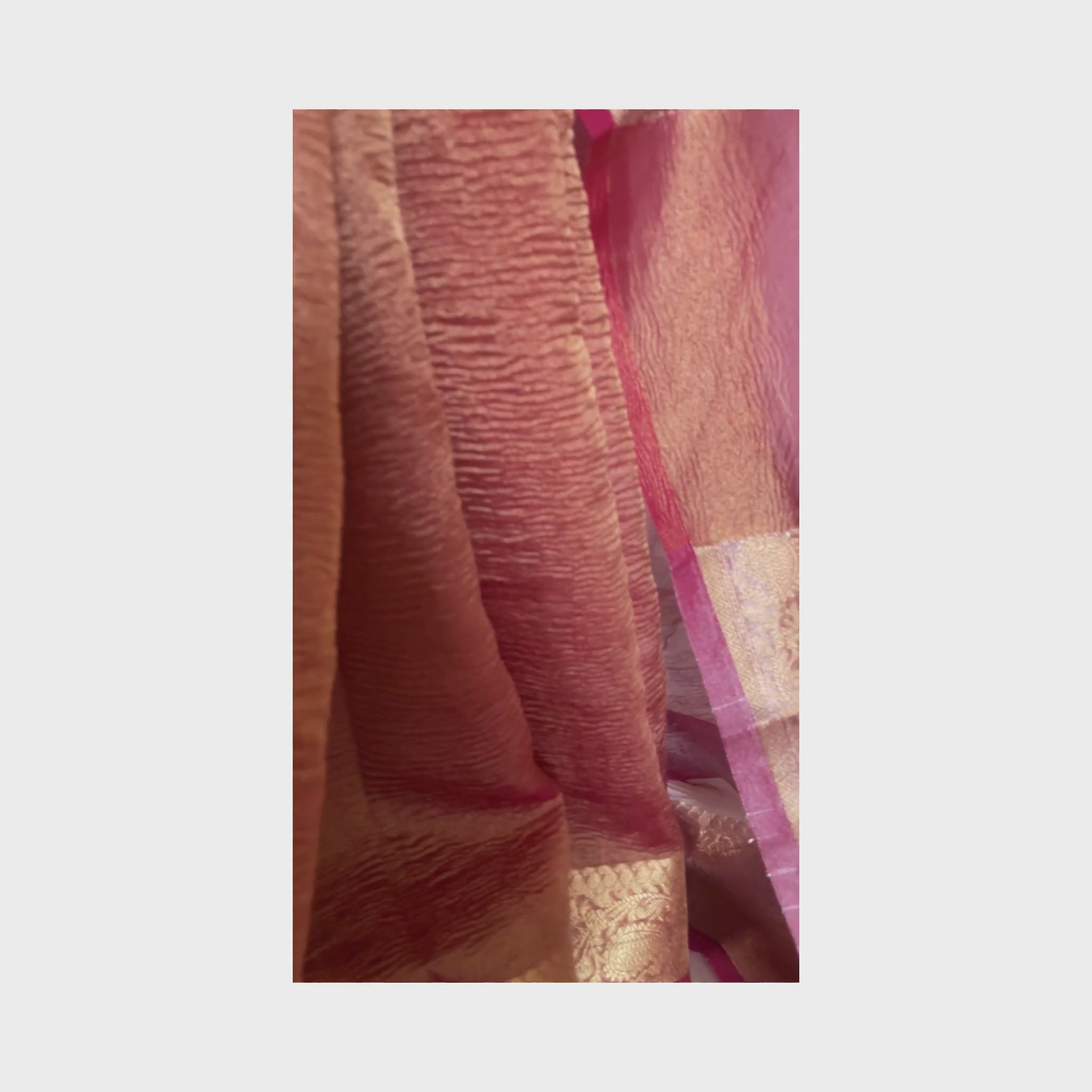Pink crush tissue saree with Banarasi border and golden zari work, Work by Shobhangini. Elegant pink saree, perfect for feminine charm.