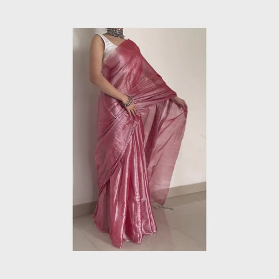 Ishwari, Onion Pink Raga Cotton Tissue Saree with Silver Zari Work by Shobhangini