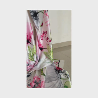 Sundara, Shobhangini White Satin Silk Saree, Floral Print Saree