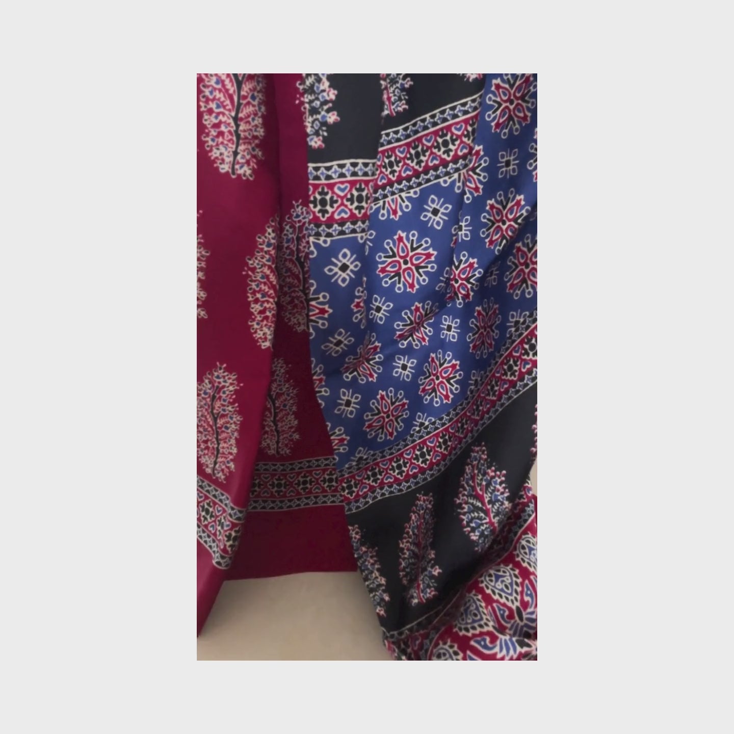 Radhika, Blue, Black and Red Modal Saree with Ajrak Print by Shobhangini, Modal Saree, Ajrak Print Saree