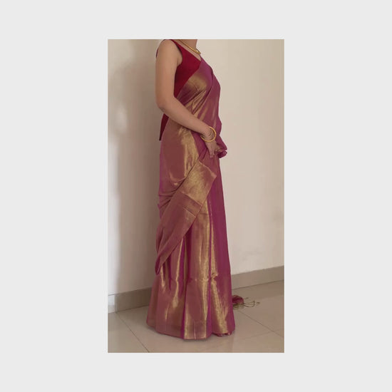 Madhura, Sunset Pink Raga Cotton Tissue Saree with Golden Zari Work by Shobhangini