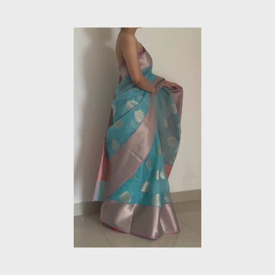 Sagarika, Dual Shift Pink and Blue Banarasi Kota Saree by Shobhangini, Banarasi Kota Saree, Silk Saree