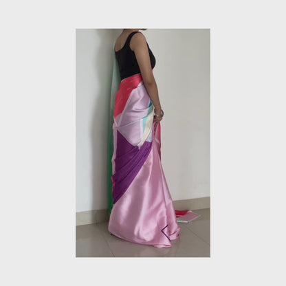 Chandana, Shobhangini Satin Silk Saree, Colorful Geometric Print Saree