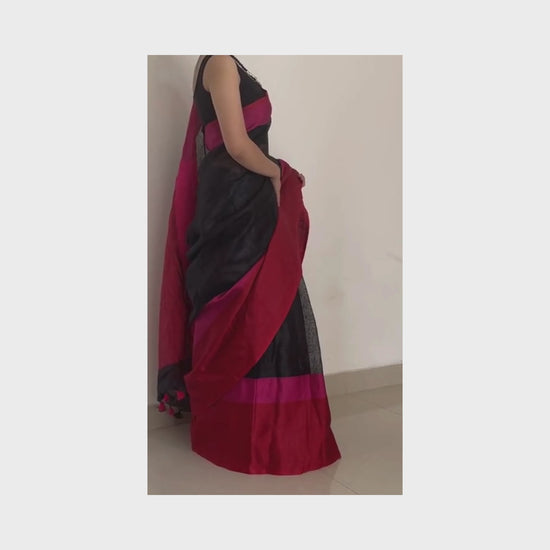 Sandhya, Pink, Red and Black Khadi Saree by Shobhangini