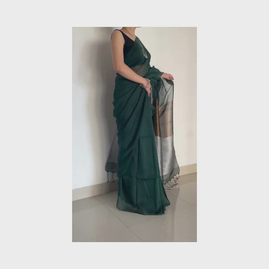 Deepa, Green Khadi Saree with Gold and Silver Zari on Pallu by Shobhangini, Khadi Saree, Zari Work Saree