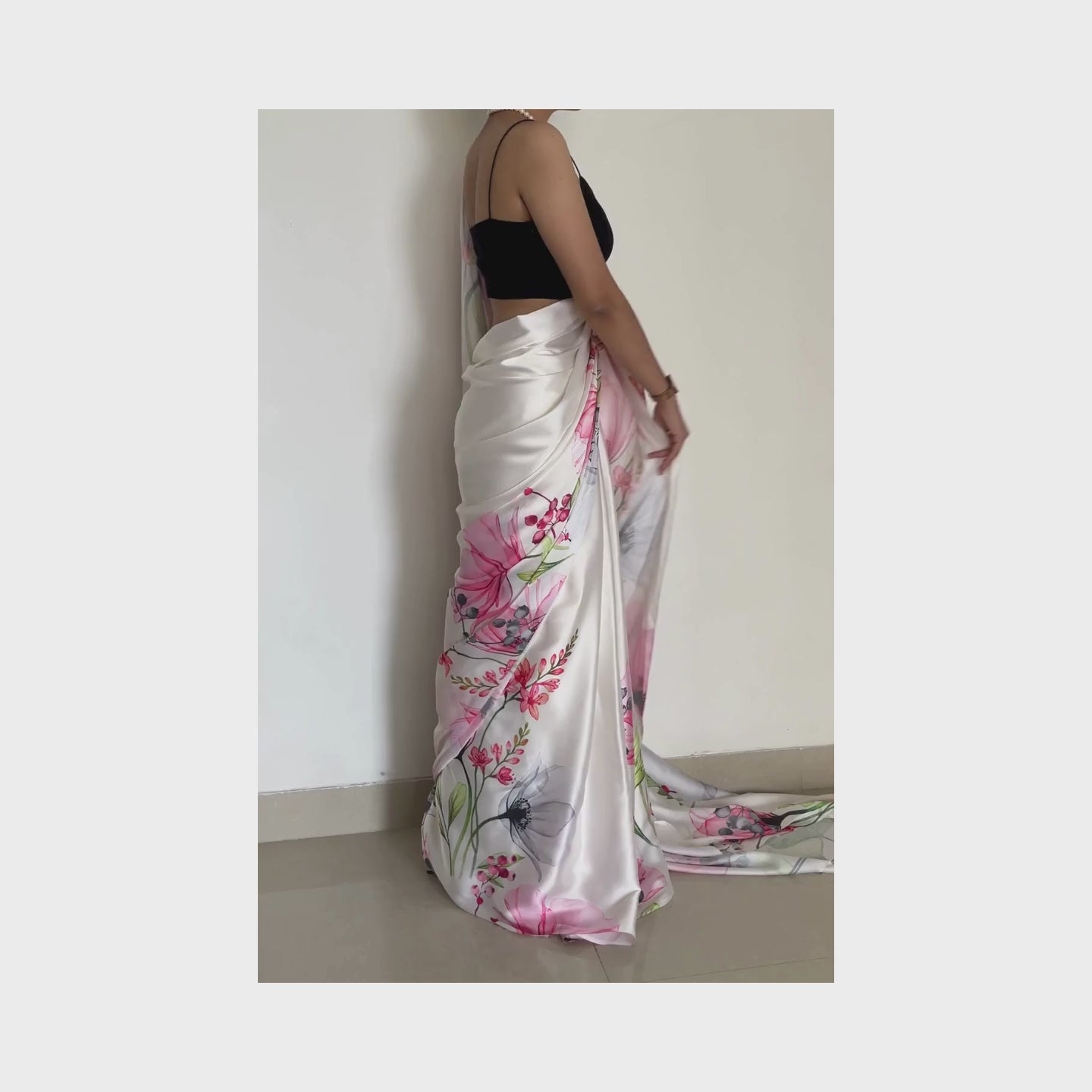 Sundara, Shobhangini White Satin Silk Saree, Floral Print Saree