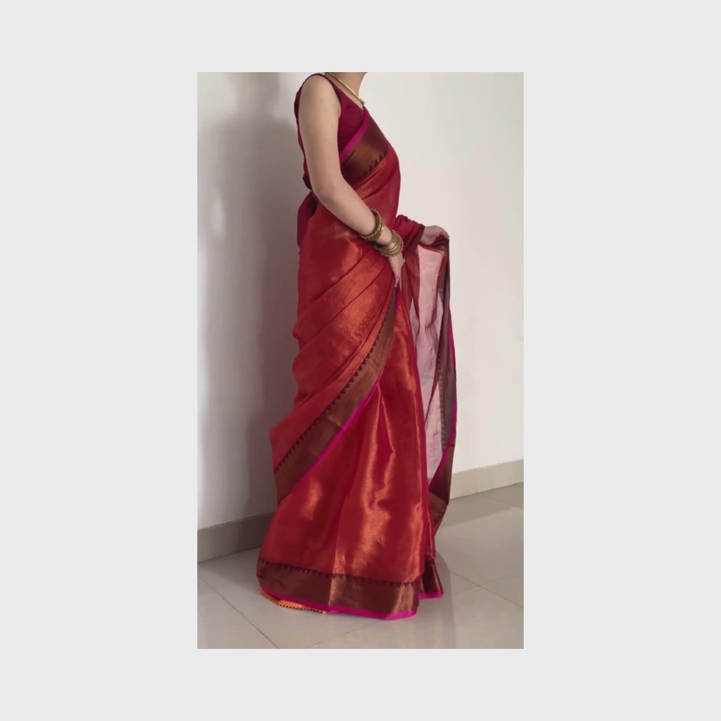 Chitra, Orange Raga Cotton Tissue Saree with Copper Zari Work by Shobhangini
