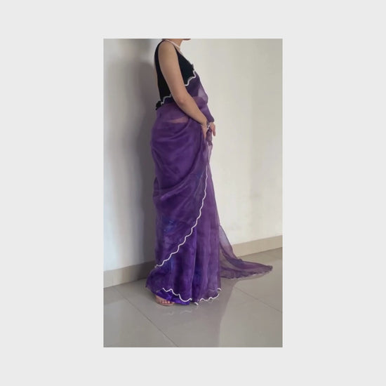 Mahi, Purple Organza Saree with Beadwork Border by Shobhangini, Purple Saree, Embellished Saree