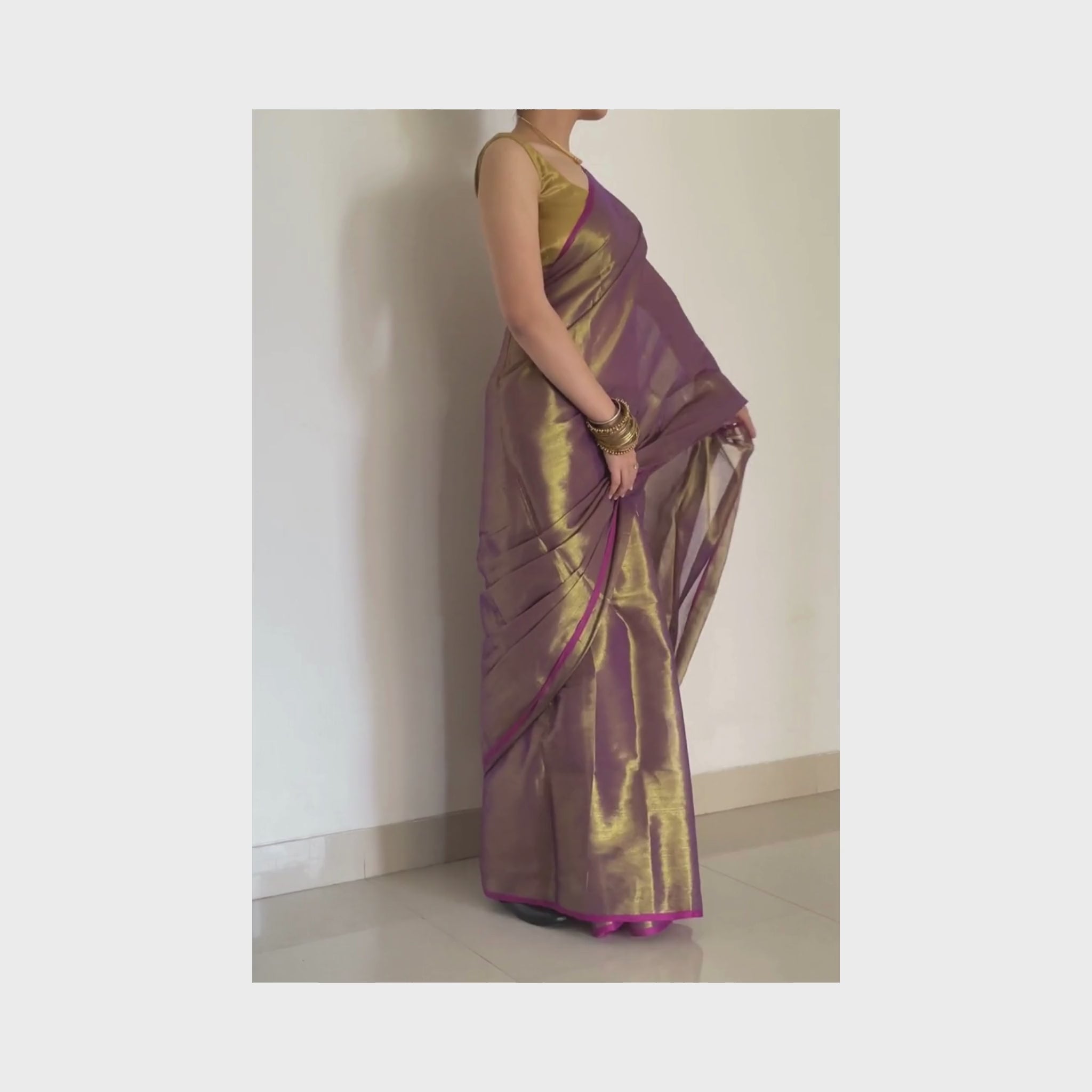 Saanvi, Purple Raga Cotton Tissue Saree with Golden Zari Work by Shobhangini