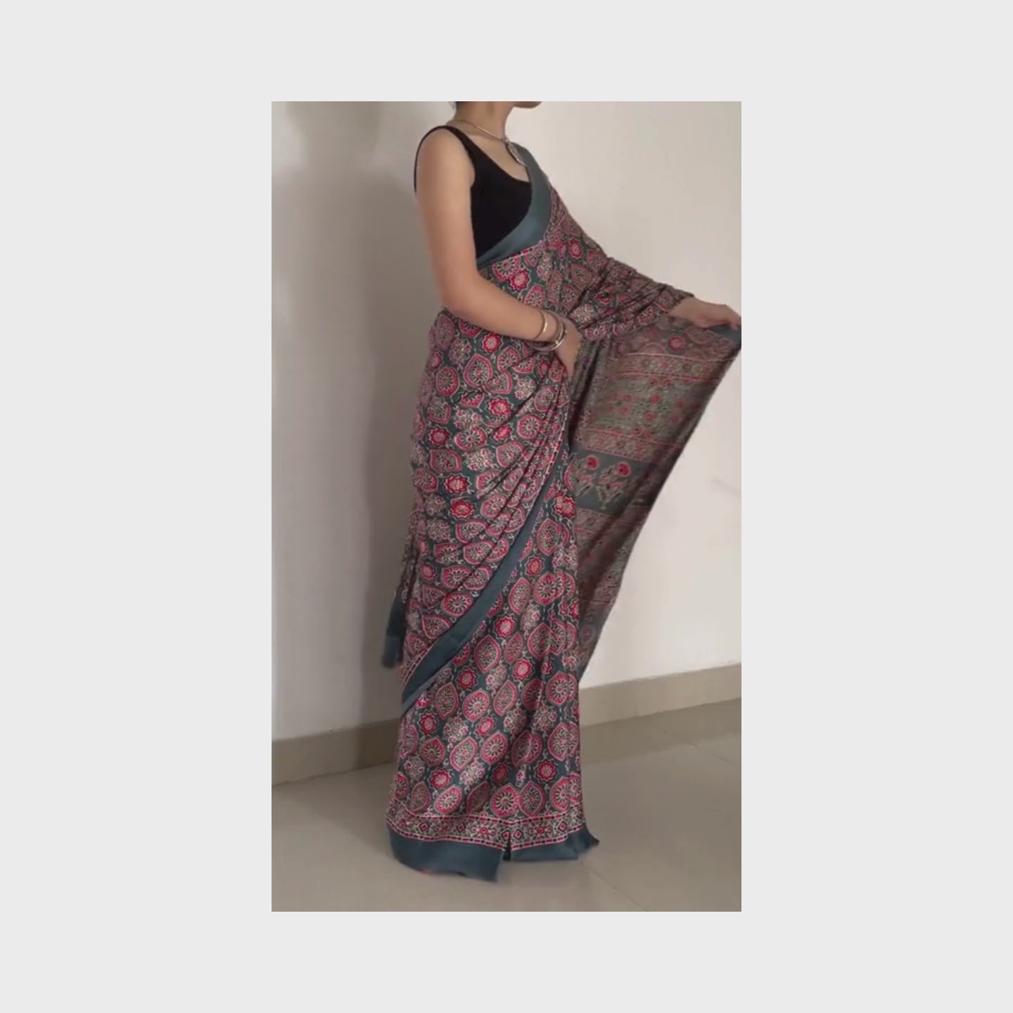 Mohana, Grey Modal Saree with Ajrak Print by Shobhangini, Modal Saree, Ajrak Print Saree