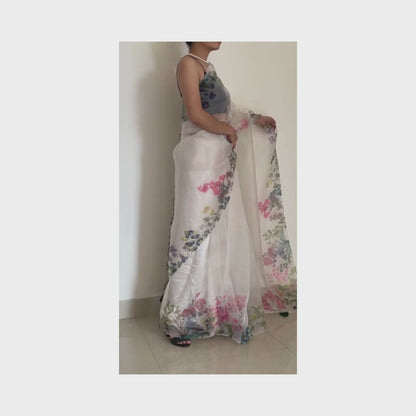 Mallika, White Organza Saree by Shobhangini, Organza Saree, White Saree