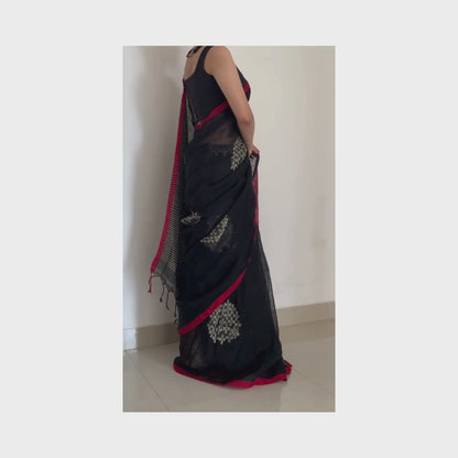 Krishna, Black Khadi Saree with Red Border and Zari Work by Shobhangini