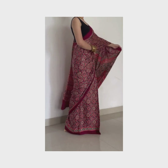 Eesha, Red Modal Saree with Ajrak Print by Shobhangini, Modal Saree, Ajrak Print Saree