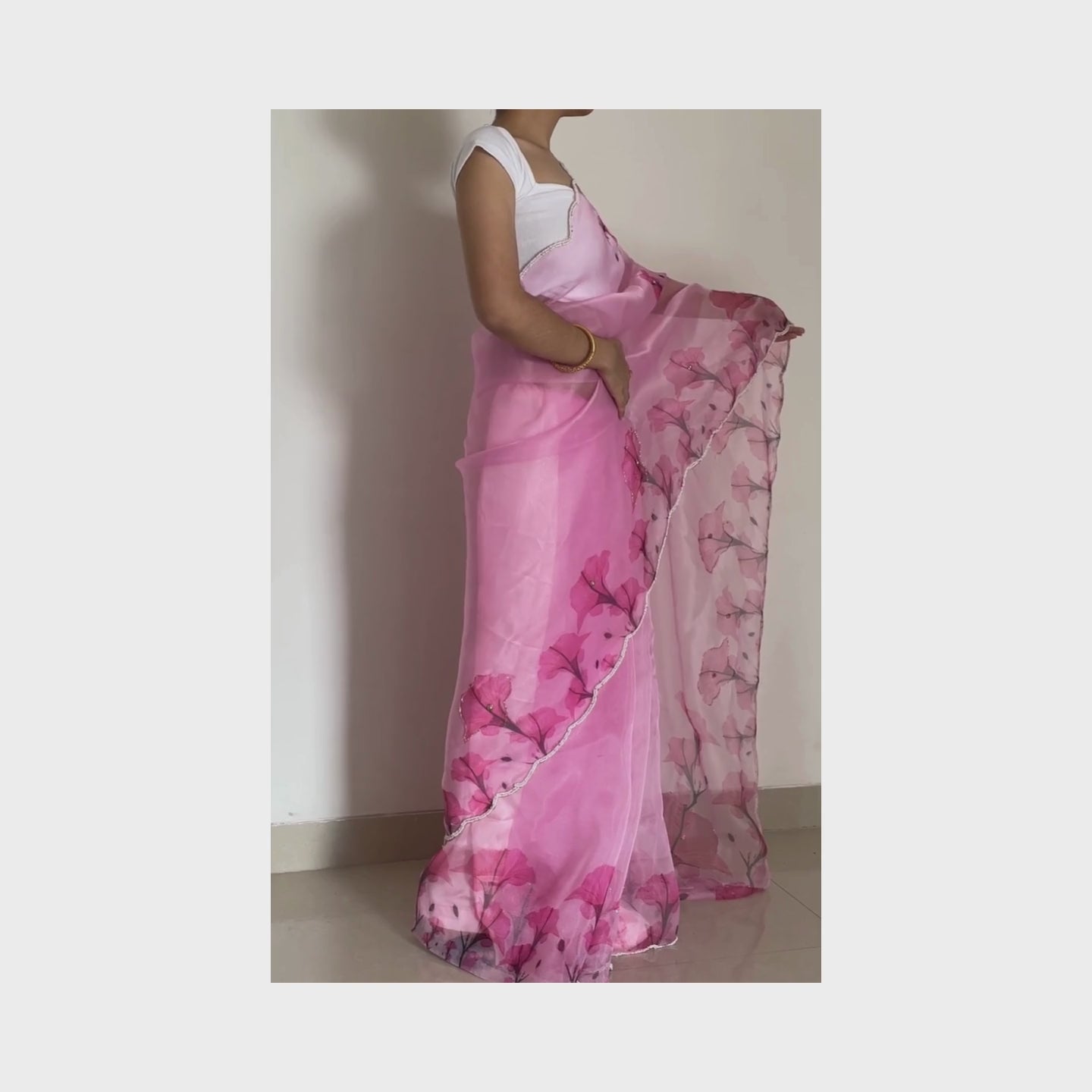Shubha, Pink Organza Saree with Beadwork Border by Shobhangini, Organza Saree with Embellished Border