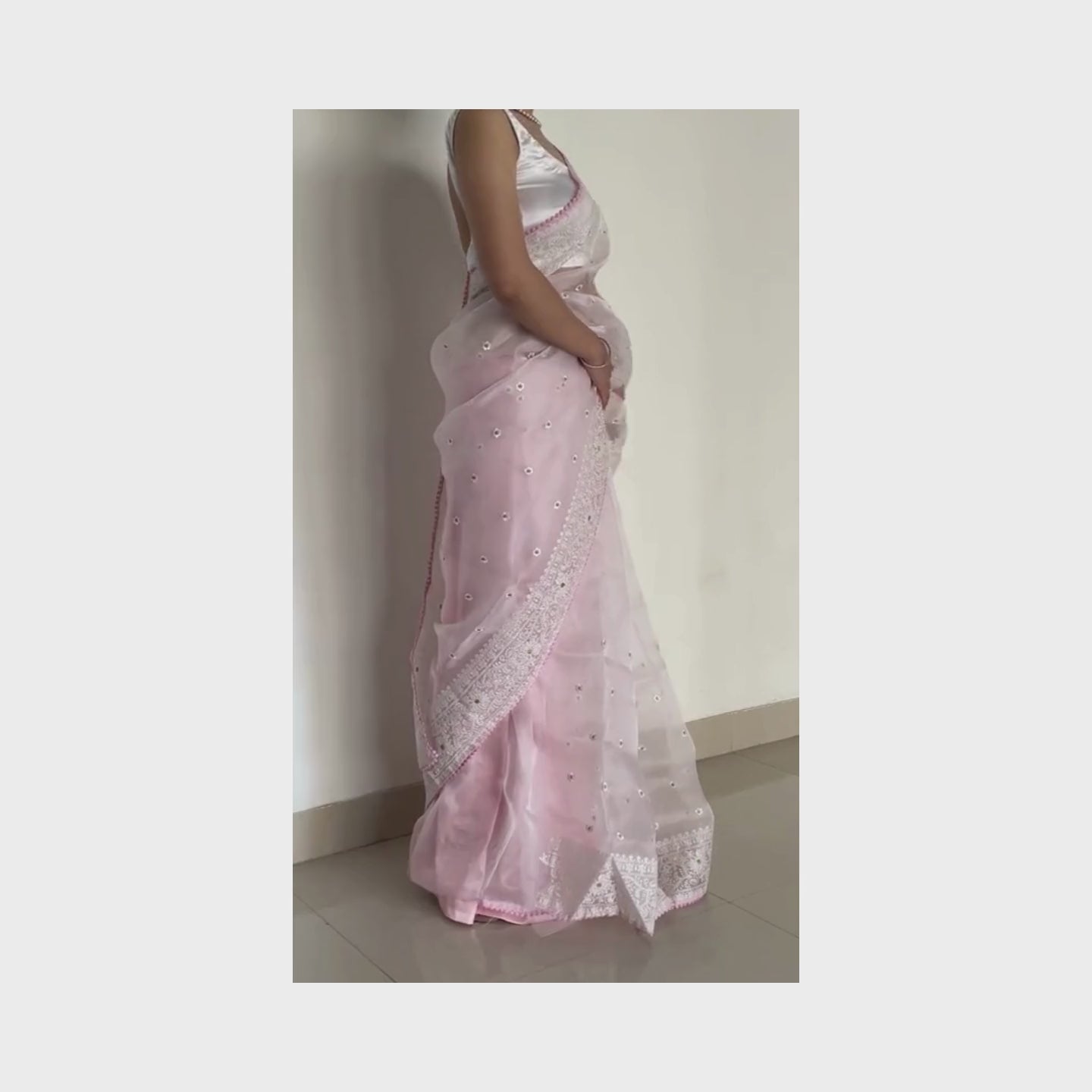 Mya, Pink Chikankari Organza Saree by Shobhangini, Lucknow Chikan Embroidery Saree