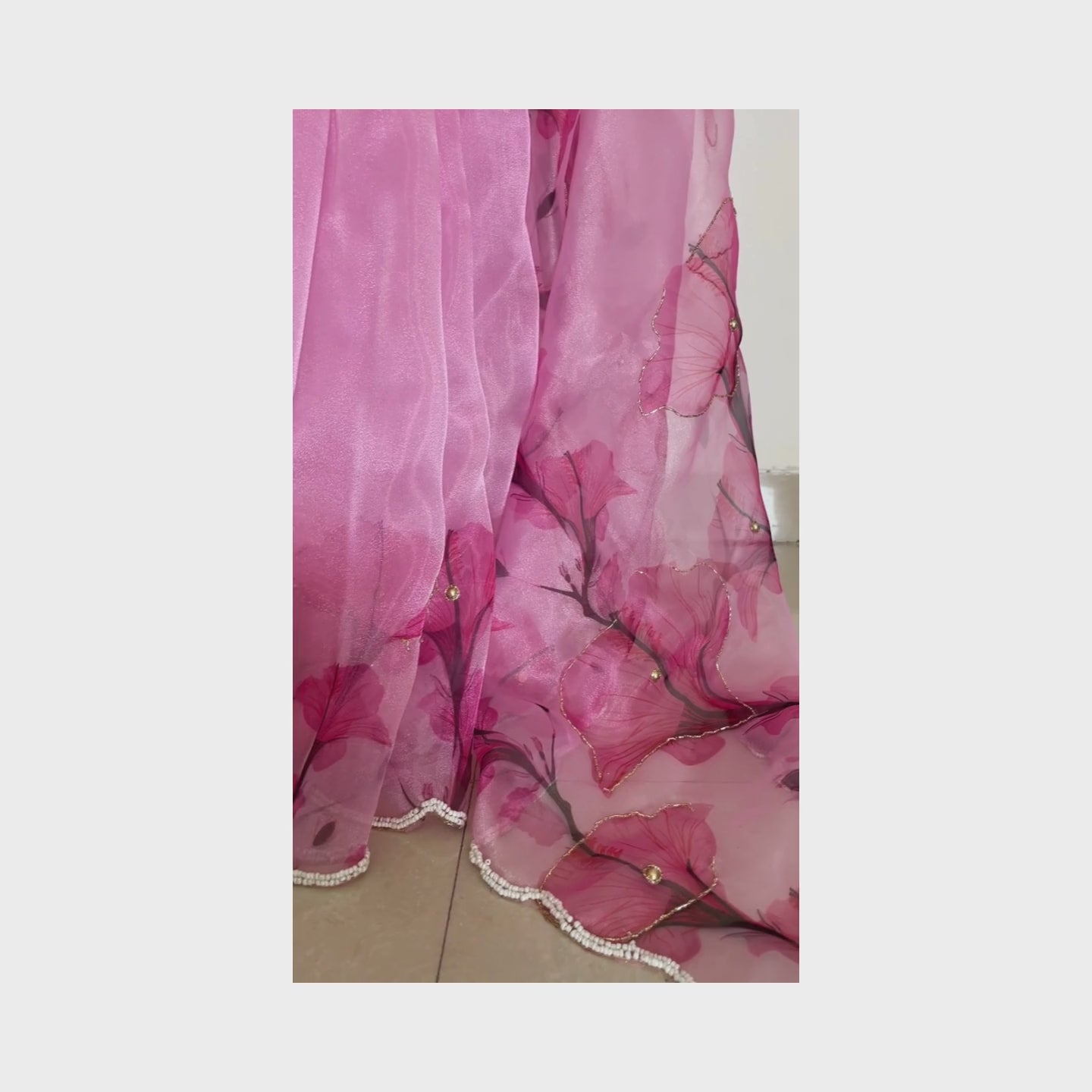 Shubha, Pink Organza Saree with Beadwork Border by Shobhangini, Organza Saree with Embellished Border