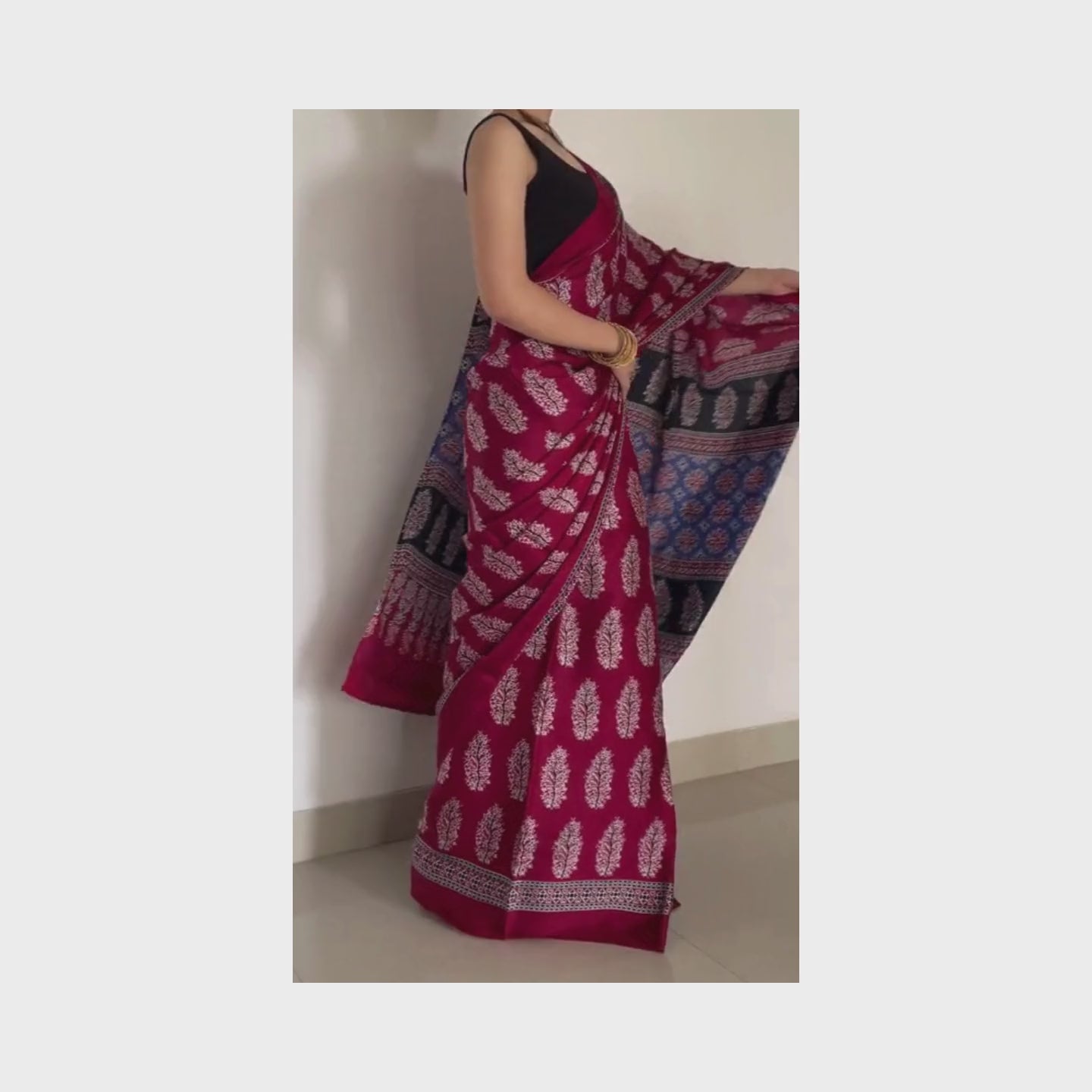 Radhika, Blue, Black and Red Modal Saree with Ajrak Print by Shobhangini, Modal Saree, Ajrak Print Saree